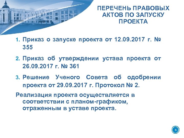 ПЕРЕЧЕНЬ ПРАВОВЫХ АКТОВ ПО ЗАПУСКУ ПРОЕКТА 1. Приказ о запуске проекта от 12. 09.