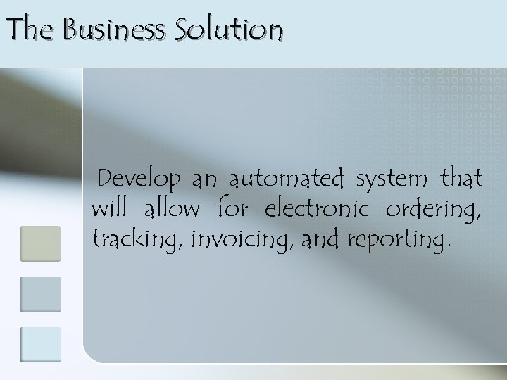 The Business Solution Develop an automated system that will allow for electronic ordering, tracking,