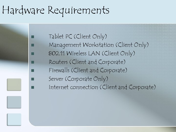 Hardware Requirements n n n n Tablet PC (Client Only) Management Workstation (Client Only)