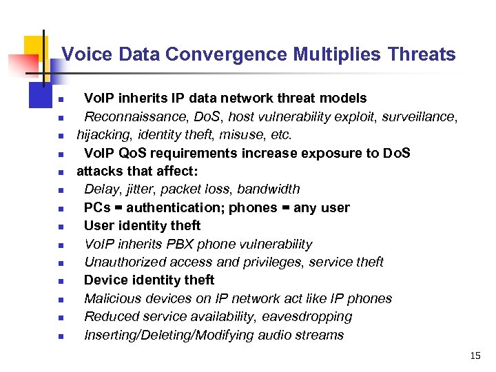 Voice Data Convergence Multiplies Threats n n n n Vo. IP inherits IP data