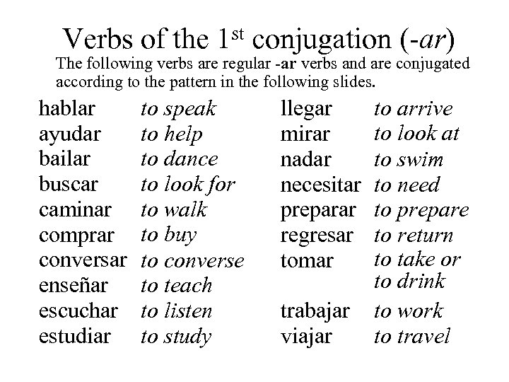 Verbs of the st 1 conjugation (-ar) The following verbs are regular -ar verbs