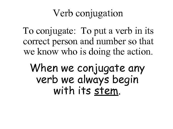 Verb conjugation To conjugate: To put a verb in its correct person and number