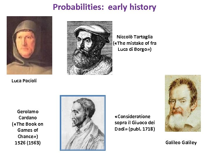 Probabilities: early history Niccolò Tartaglia ( «The mistake of fra Luca di Borgo» )