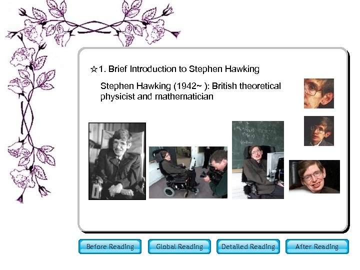 ☆1. Brief Introduction to Stephen Hawking (1942~ ): British theoretical physicist and mathematician Before