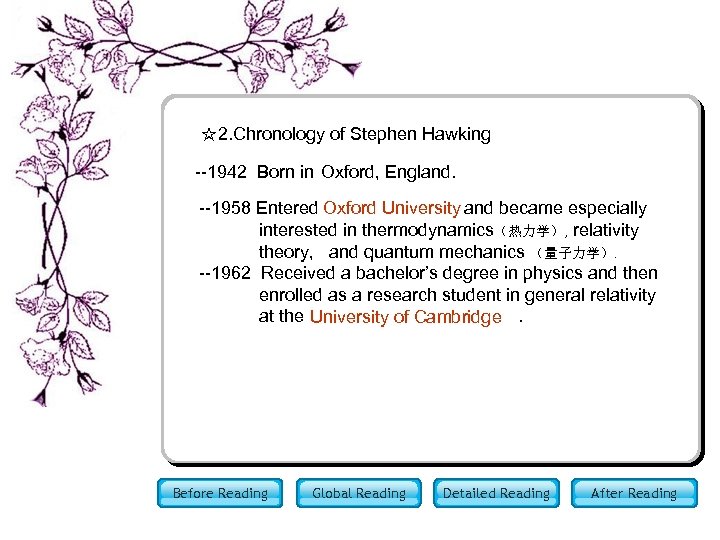 ☆2. Chronology of Stephen Hawking --1942 Born in Oxford, England. --1958 Entered Oxford University