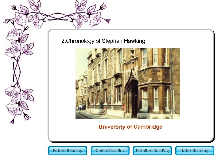 2. Chronology of Stephen Hawking University of Cambridge Before Reading Global Reading Detailed Reading