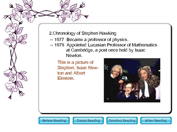 2. Chronology of Stephen Hawking -- 1977 Became a professor of physics. -- 1979