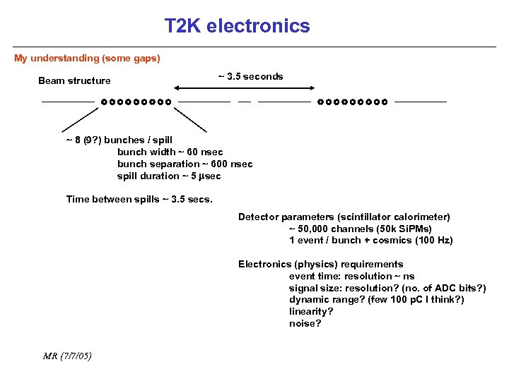 T 2 K electronics My understanding (some gaps) Beam structure ~ 3. 5 seconds