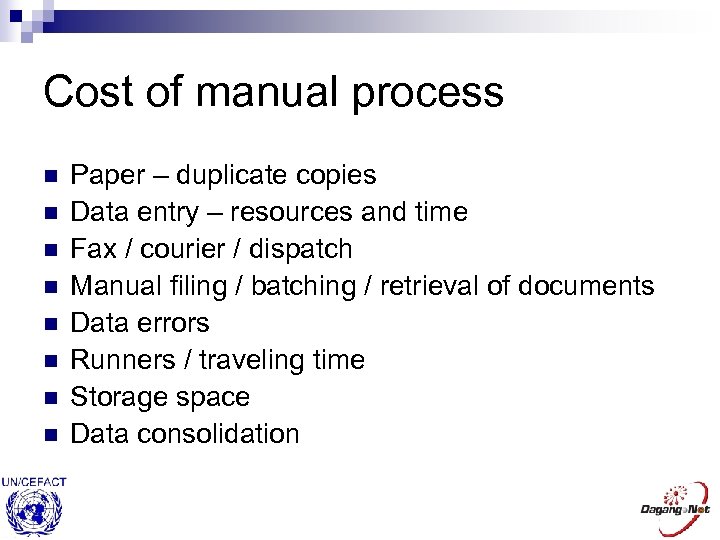 Cost of manual process n n n n Paper – duplicate copies Data entry