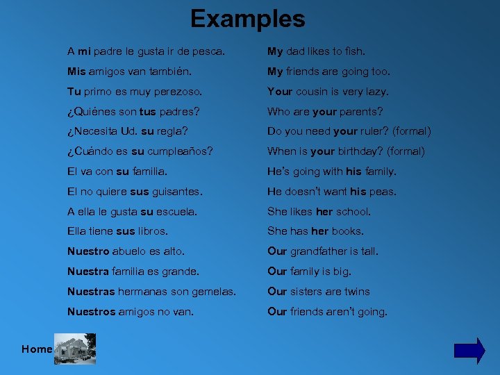 Examples A mi padre le gusta ir de pesca. Mis amigos van también. My