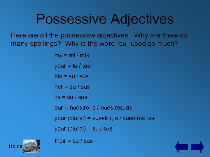 Possessive Adjectives Here all the possessive adjectives. Why are there so many spellings? Why