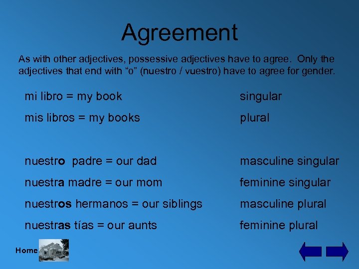 Agreement As with other adjectives, possessive adjectives have to agree. Only the adjectives that