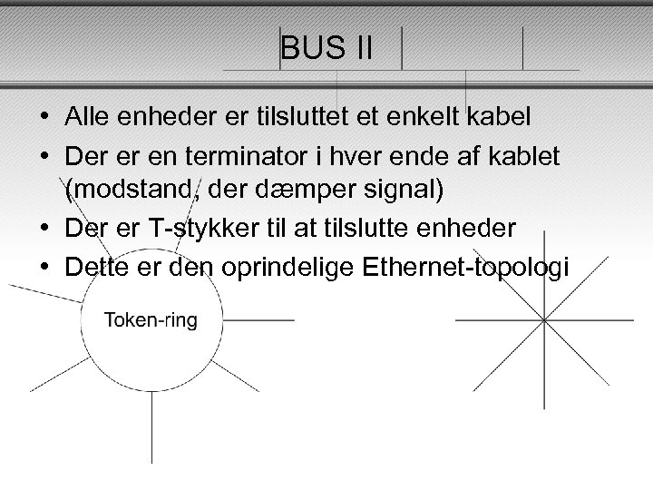 BUS II • Alle enheder er tilsluttet et enkelt kabel • Der er en