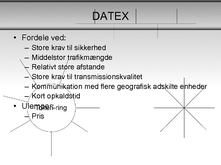 DATEX • Fordele ved: – – – Store krav til sikkerhed Middelstor trafikmængde Relativt