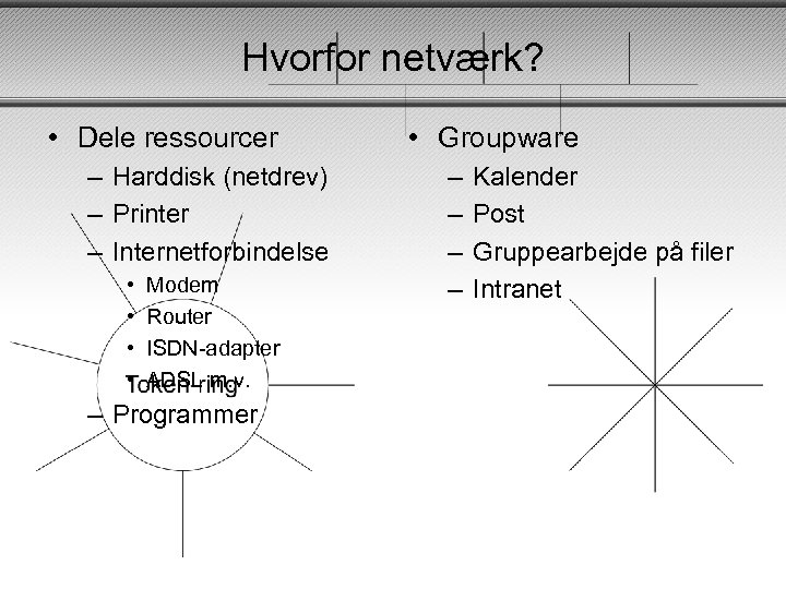 Hvorfor netværk? • Dele ressourcer – Harddisk (netdrev) – Printer – Internetforbindelse • •