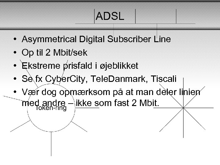 ADSL • • • Asymmetrical Digital Subscriber Line Op til 2 Mbit/sek Ekstreme prisfald