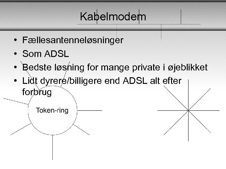 Kabelmodem • • Fællesantenneløsninger Som ADSL Bedste løsning for mange private i øjeblikket Lidt