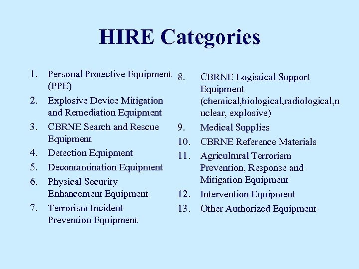 HIRE Categories 1. 2. 3. 4. 5. 6. 7. Personal Protective Equipment (PPE) Explosive