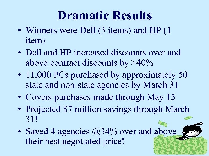 Dramatic Results • Winners were Dell (3 items) and HP (1 item) • Dell