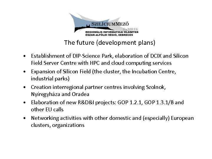 The future (development plans) • Establishment of DIP-Science Park, elaboration of DCIX and Silicon