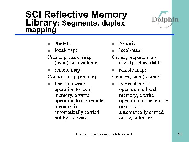 SCI Reflective Memory Library: Segments, duplex mapping Node 1: n local-map: Create, prepare, map