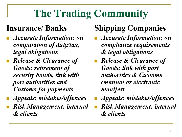 The Trading Community Insurance/ Banks n n Accurate Information: on computation of duty/tax, legal