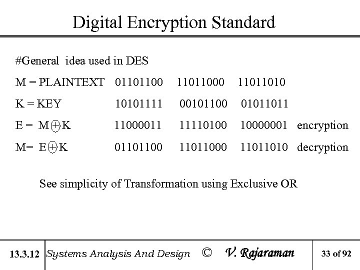 Digital Encryption Standard #General idea used in DES M = PLAINTEXT 01101100 11011010 K