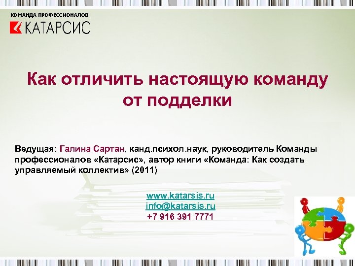 КОМАНДА ПРОФЕССИОНАЛОВ Как отличить настоящую команду от подделки Ведущая: Галина Сартан, канд. психол. наук,