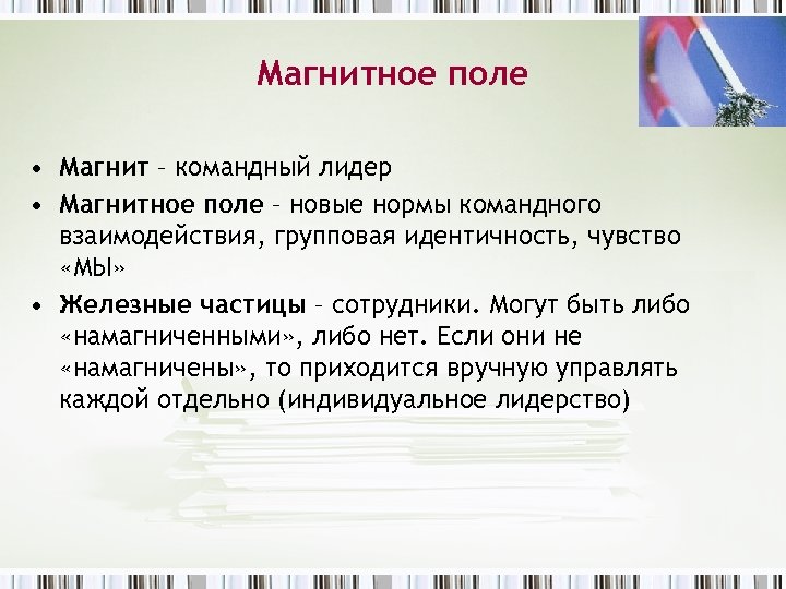 Магнитное поле • Магнит – командный лидер • Магнитное поле – новые нормы командного