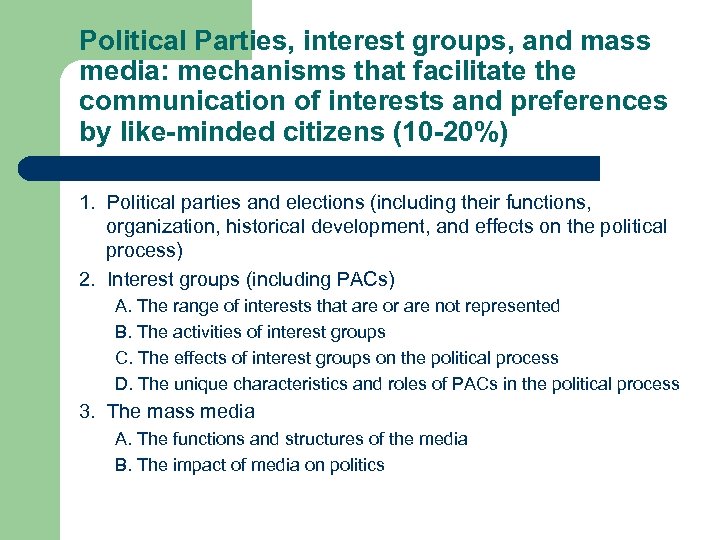 Political Parties, interest groups, and mass media: mechanisms that facilitate the communication of interests