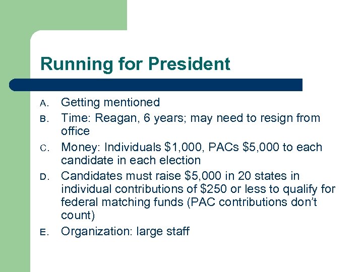 Running for President A. B. C. D. E. Getting mentioned Time: Reagan, 6 years;