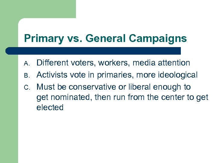 Primary vs. General Campaigns A. B. C. Different voters, workers, media attention Activists vote