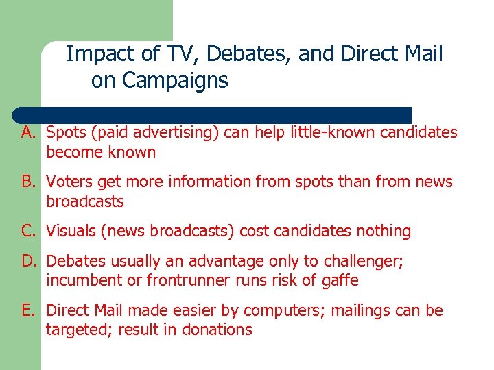 Impact of TV, Debates, and Direct Mail on Campaigns A. Spots (paid advertising) can