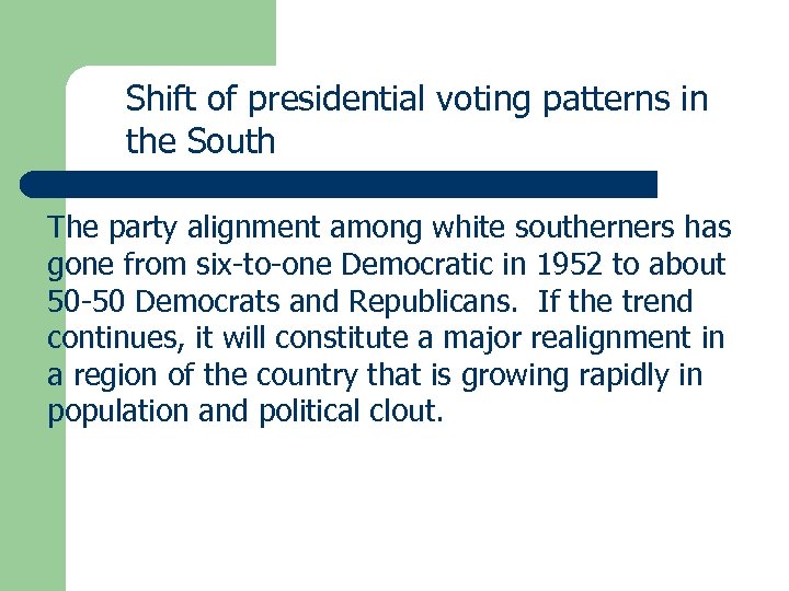 Shift of presidential voting patterns in the South The party alignment among white southerners