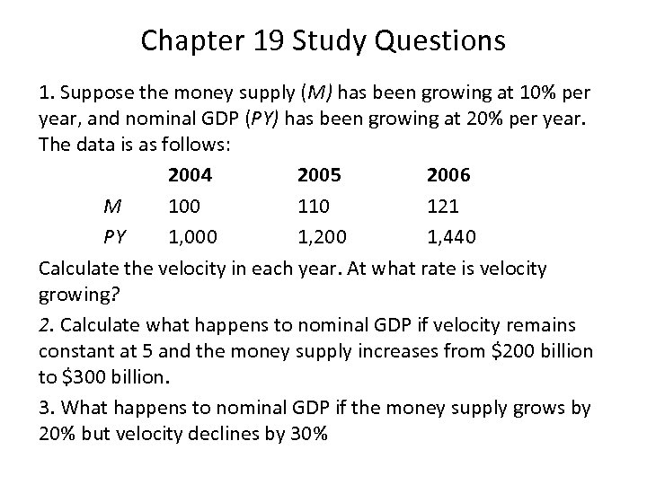 Chapter 19 Study Questions 1. Suppose the money supply (M) has been growing at