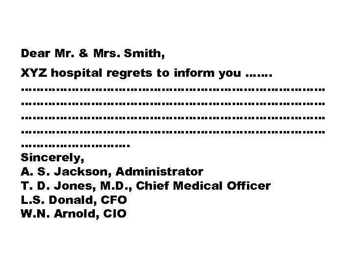 Dear Mr. & Mrs. Smith, XYZ hospital regrets to inform you ……. …………………………………………………………………… …………….