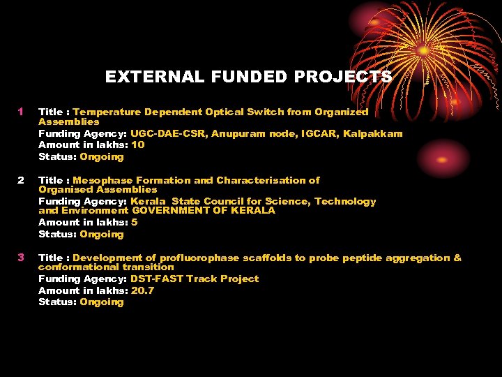 EXTERNAL FUNDED PROJECTS 1 Title : Temperature Dependent Optical Switch from Organized Assemblies Funding