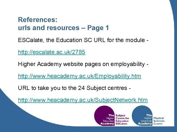 References: urls and resources – Page 1 ESCalate, the Education SC URL for the