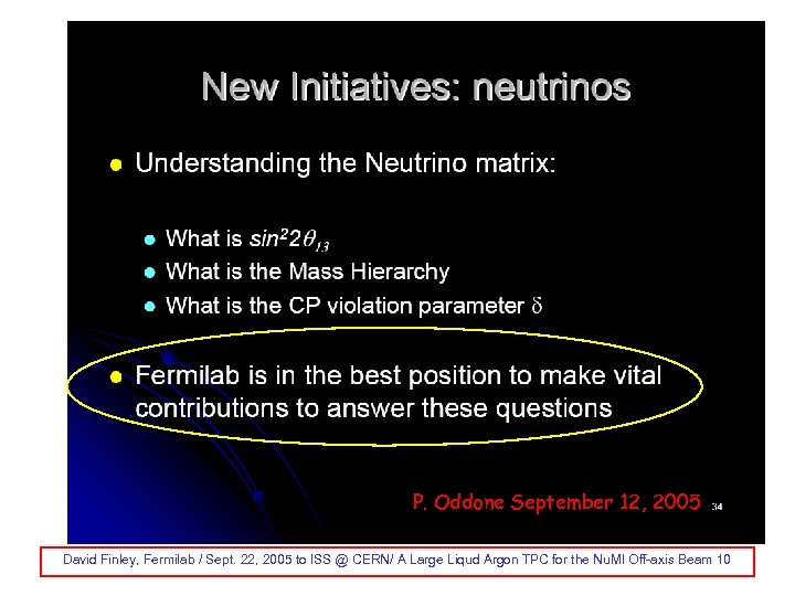 P. Oddone September 12, 2005 David Finley, Fermilab / Sept. 22, 2005 to ISS