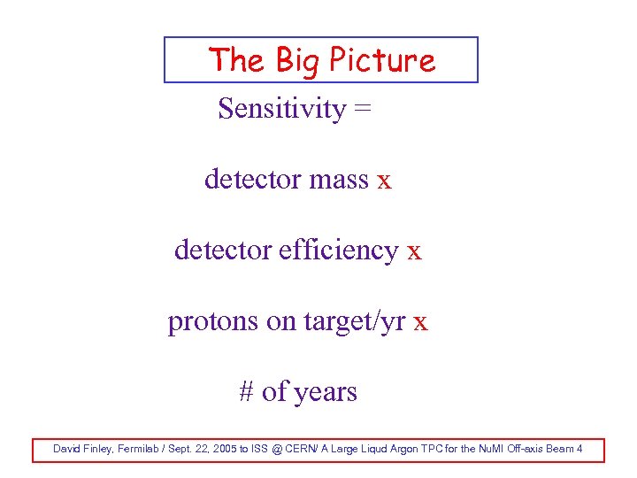 The Big Picture Sensitivity = detector mass x detector efficiency x protons on target/yr