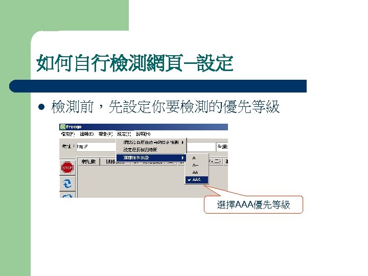 如何自行檢測網頁─設定 l 檢測前，先設定你要檢測的優先等級 選擇AAA優先等級 