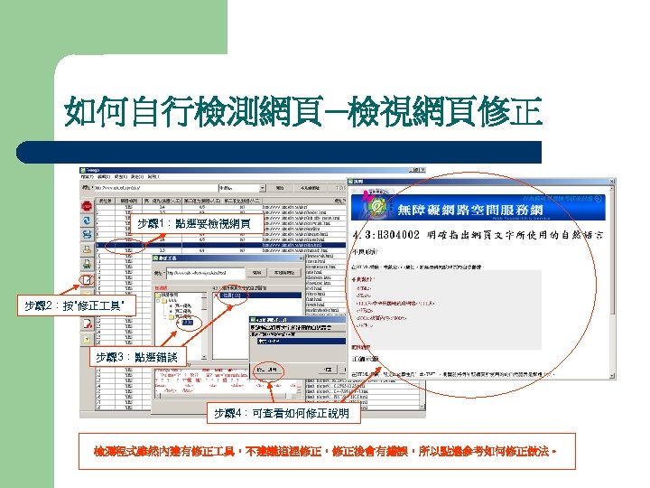 如何自行檢測網頁─檢視網頁修正 步驟 1：點選要檢視網頁 步驟 2：按”修正 具” 步驟 3：點選錯誤 步驟 4：可查看如何修正說明 檢測程式雖然內建有修正 具，不建議這裡修正，修正後會有錯誤，所以點選參考如何修正做法。 