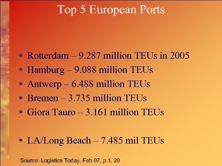 Top 5 European Ports • • • Rotterdam – 9. 287 million TEUs in