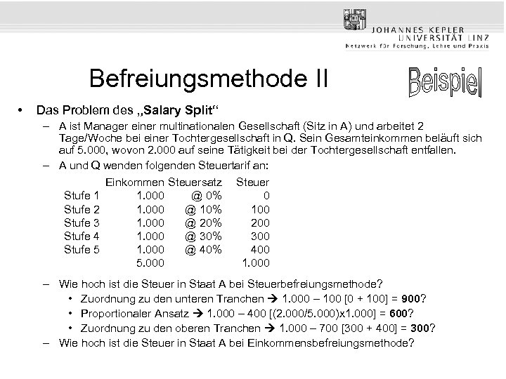 Befreiungsmethode II • Das Problem des „Salary Split“ – A ist Manager einer multinationalen
