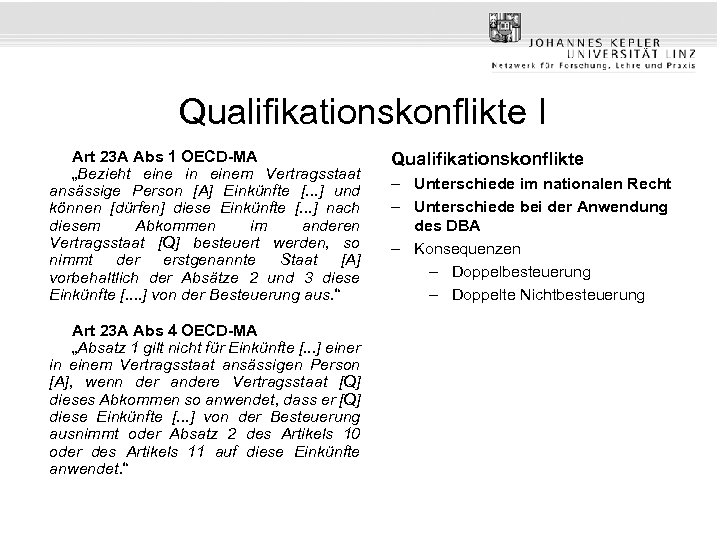 Qualifikationskonflikte I Art 23 A Abs 1 OECD-MA „Bezieht eine in einem Vertragsstaat ansässige