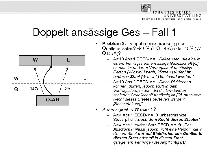 Doppelt ansässige Ges – Fall 1 • W Q – Art 10 Abs 1