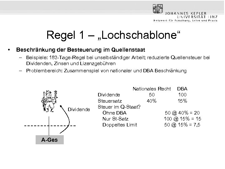 Regel 1 – „Lochschablone“ • Beschränkung der Besteuerung im Quellenstaat – Beispiele: 183 -Tage-Regel