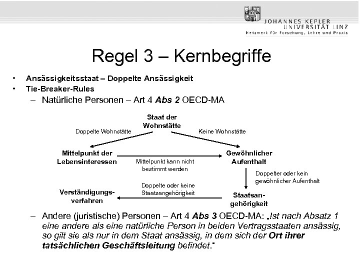 Regel 3 – Kernbegriffe • • Ansässigkeitsstaat – Doppelte Ansässigkeit Tie-Breaker-Rules – Natürliche Personen