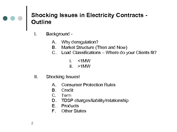 Shocking Issues in Electricity Contracts Outline I. Background - A. B. C. Why deregulation?