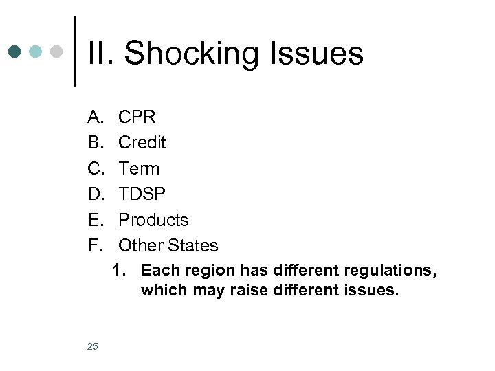 II. Shocking Issues A. B. C. D. E. F. CPR Credit Term TDSP Products